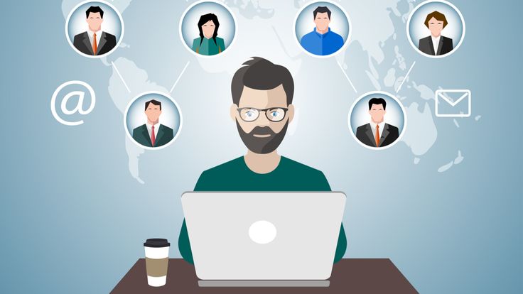 Illustration of a remote employee working on a laptop, connected to a global virtual team via digital communication tools."