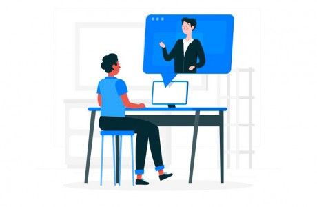 "Illustration of a remote worker having a virtual meeting with a colleague on a computer screen, representing virtual team collaboration