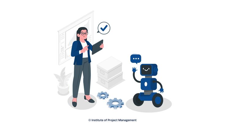 "Illustration of a project manager interacting with a friendly AI robot, highlighting collaboration in AI-driven project management."