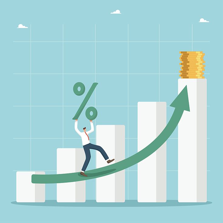 Illustration of a businessman holding a percentage symbol while riding an upward arrow over a bar chart, representing financial growth, rising interest rates, or investment returns.