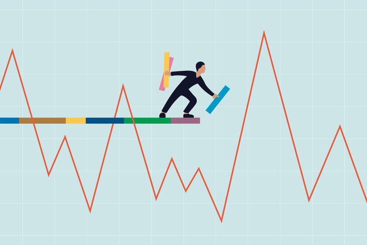 "Illustration of a businessman balancing on a fluctuating graph line while placing colored blocks, symbolizing risk management and strategic investment in a volatile market.