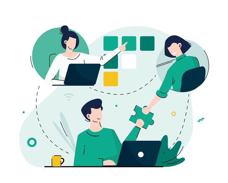 Illustration of three people collaborating remotely using laptops, sharing ideas and puzzle pieces, symbolizing teamwork and digital collaboration."