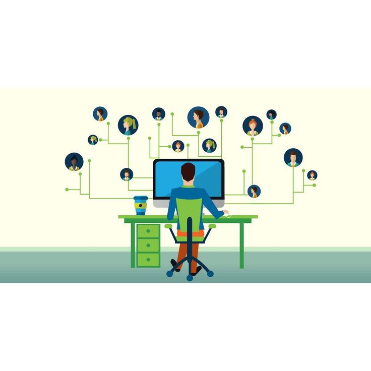 Illustration of a remote worker at a desk collaborating virtually with a connected global team through a computer network.