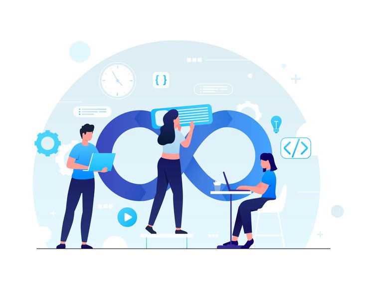 "Illustration of DevOps team collaborating with laptops and code icons around an infinity loop symbol, representing continuous integration and deployment processes.