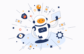 Cute robot holding a laptop surrounded by gears, icons, and light bulbs, symbolizing artificial intelligence, automation, and machine learning concepts