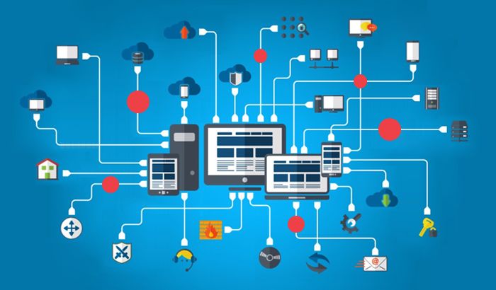 Illustration of a complex network infrastructure with interconnected devices, cloud storage, servers, and cybersecurity tools, representing advanced network traffic analysis.