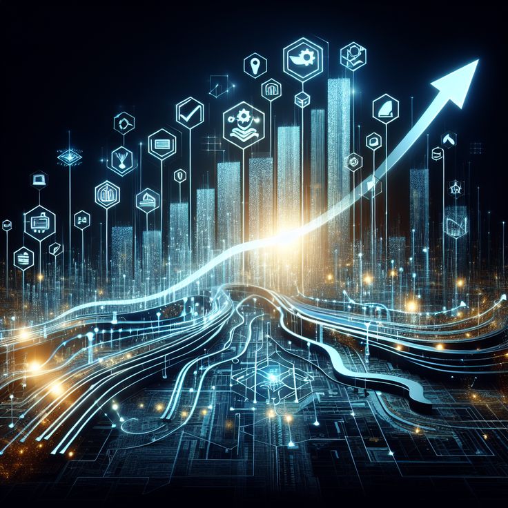 Futuristic digital landscape with glowing data streams, rising bar graphs, and technology icons representing AI-powered business growth and digital transformation.