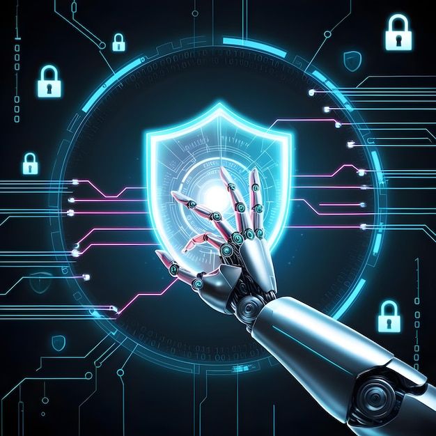 Robotic hand touching a digital shield icon surrounded by cybersecurity elements, symbolizing artificial intelligence enhancing data protection and network security.